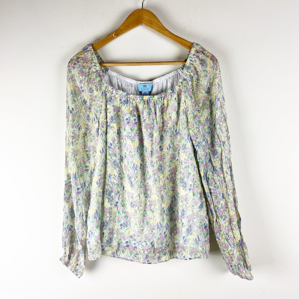 CeCe Pastel Floral Scoop Neck Long Sleeve Blouse